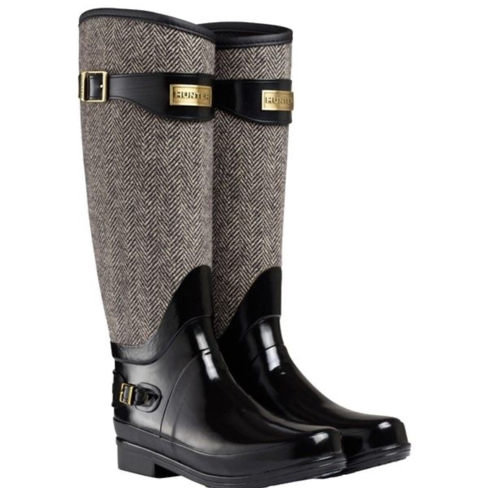 Hunter Black and Gray Herringbone Rain Boots